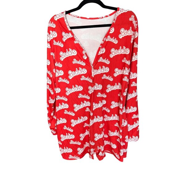 Red "Baddie" Print Button-Up Long Sleeve Romper Loungewear 95% Polyester & 5% Sp - Picture 1 of 5